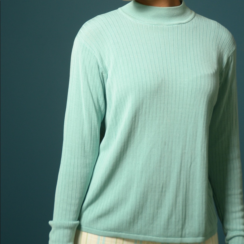Vintage Stephanie Andrews sea foam light green mock neck rib knit sweate…
